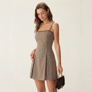 Brown Plaid Gingham Ruched Slip Mini Dress